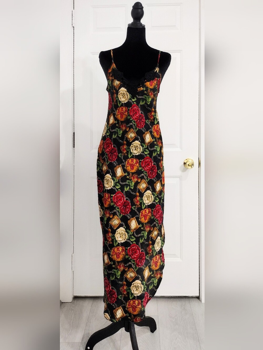 90's LA Intimates Sz S Floral Slip Maxi Dress with Lace Trim - Black/Red/Gold